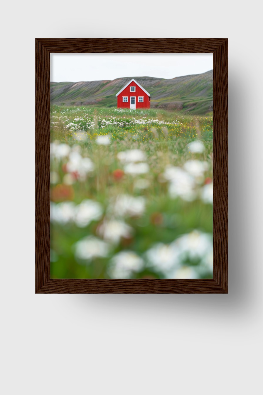 Fotografie Poster Haus Wiese rot minimalistisch