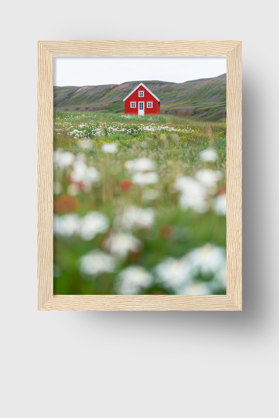 Fotografie Poster Haus Wiese rot minimalistisch