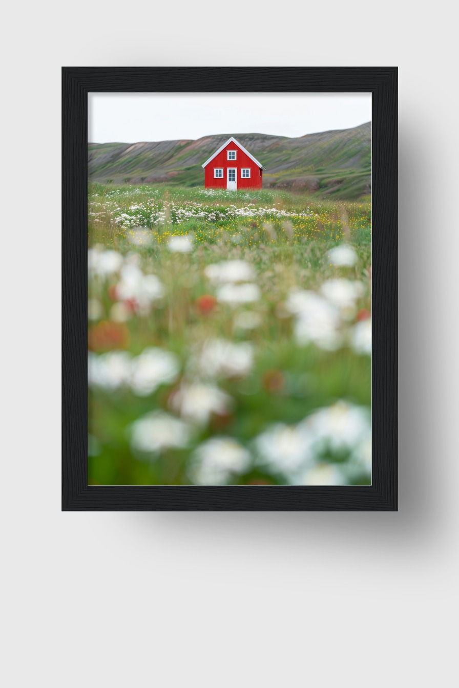Fotografie Poster Haus Wiese rot minimalistisch