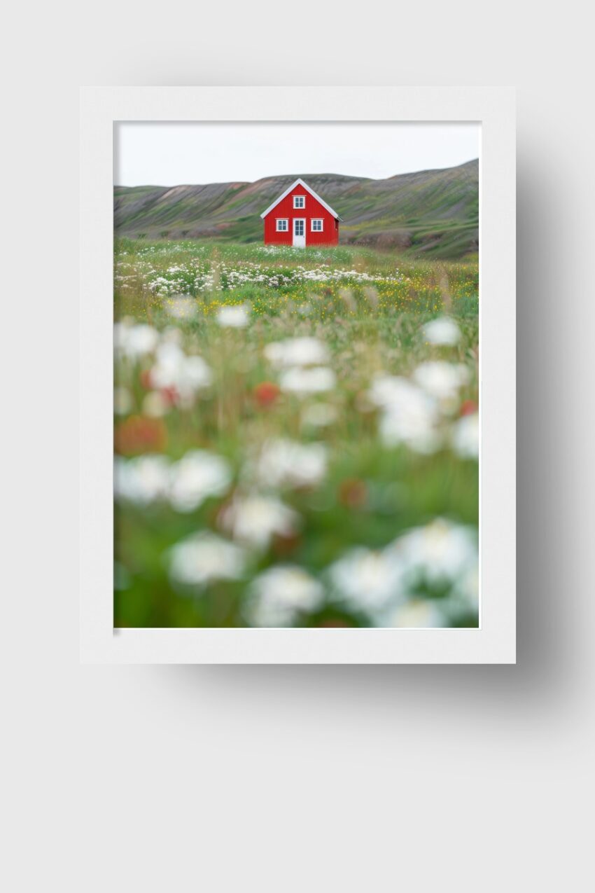 Fotografie Poster Haus Wiese rot minimalistisch