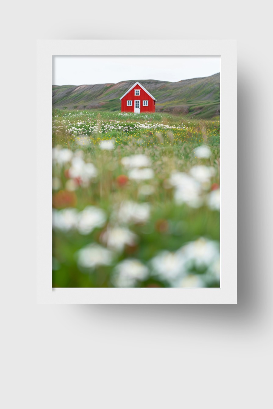 Fotografie Poster Haus Wiese rot minimalistisch