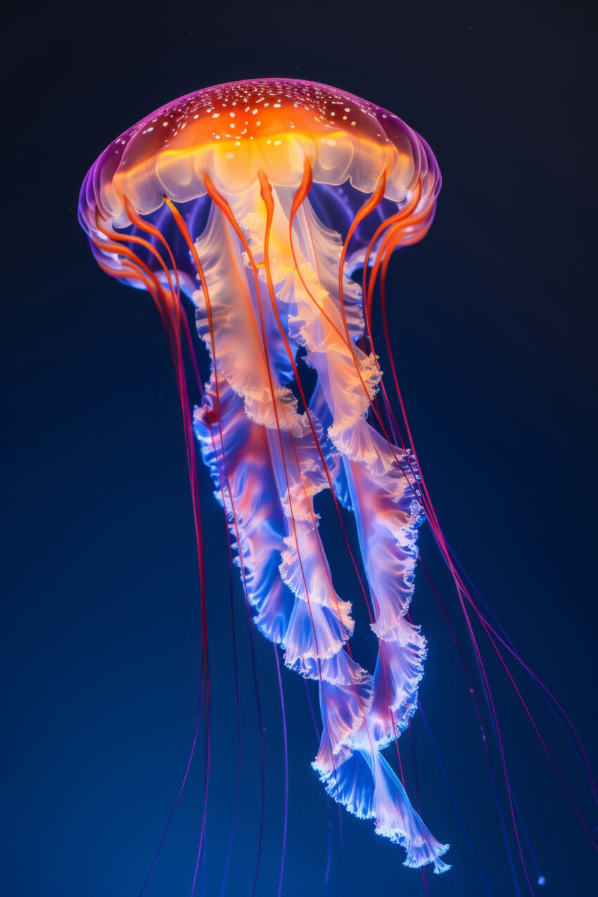 Fotografie Poster Qualle leuchtend orange blau