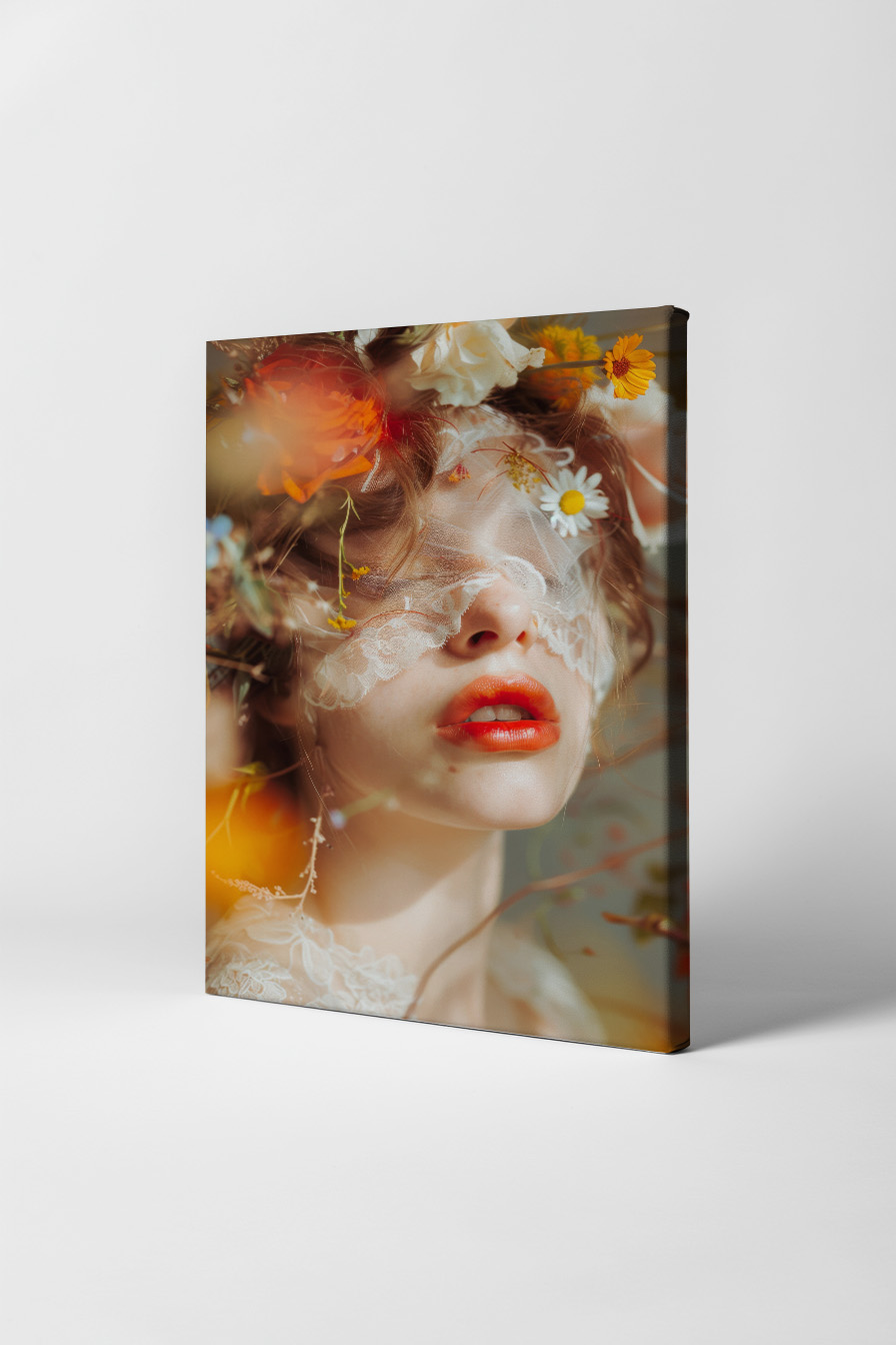 Fotografie Poster Frau Spitze rote Lippen Blumen zart
