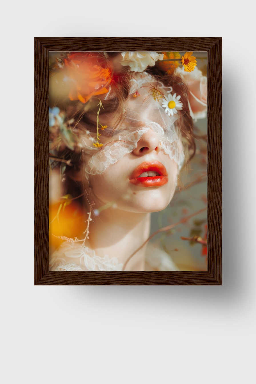 Fotografie Poster Frau Spitze rote Lippen Blumen zart