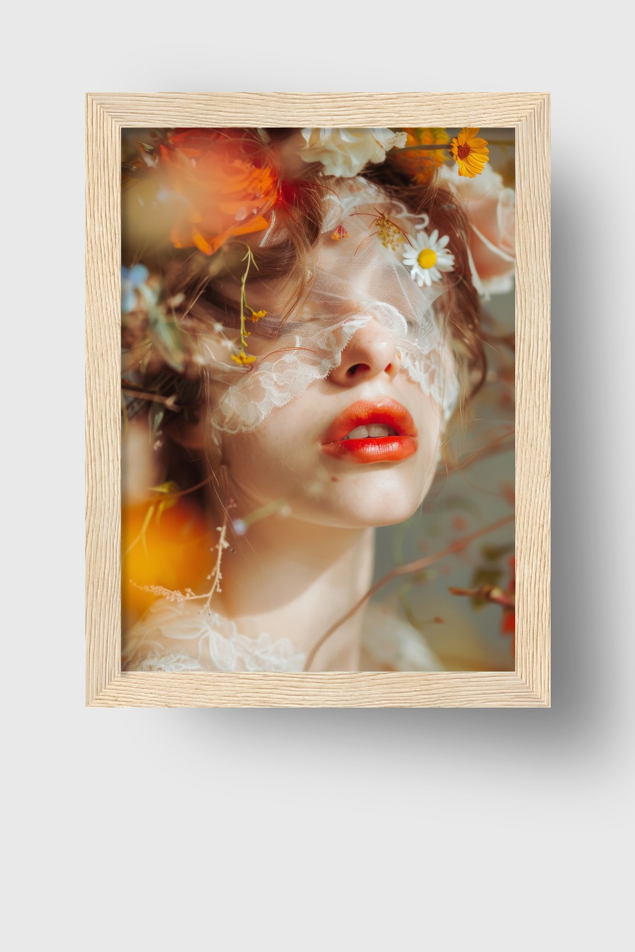 Fotografie Poster Frau Spitze rote Lippen Blumen zart