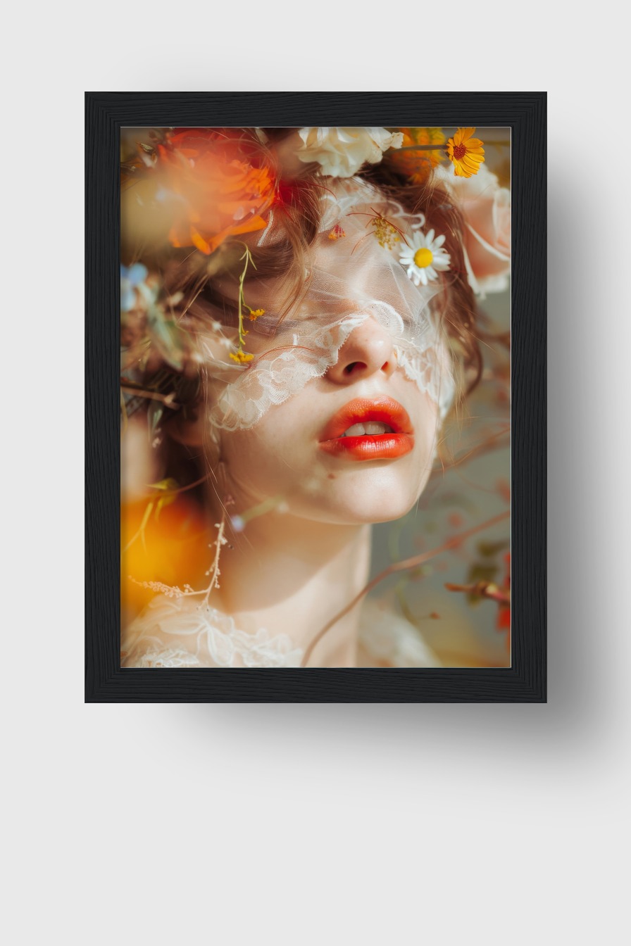 Fotografie Poster Frau Spitze rote Lippen Blumen zart