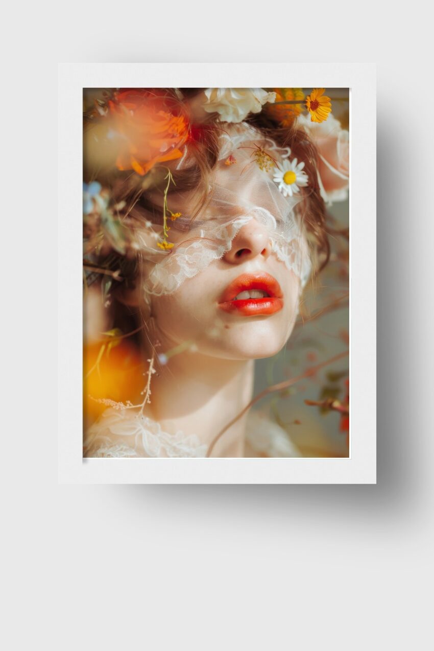 Fotografie Poster Frau Spitze rote Lippen Blumen zart