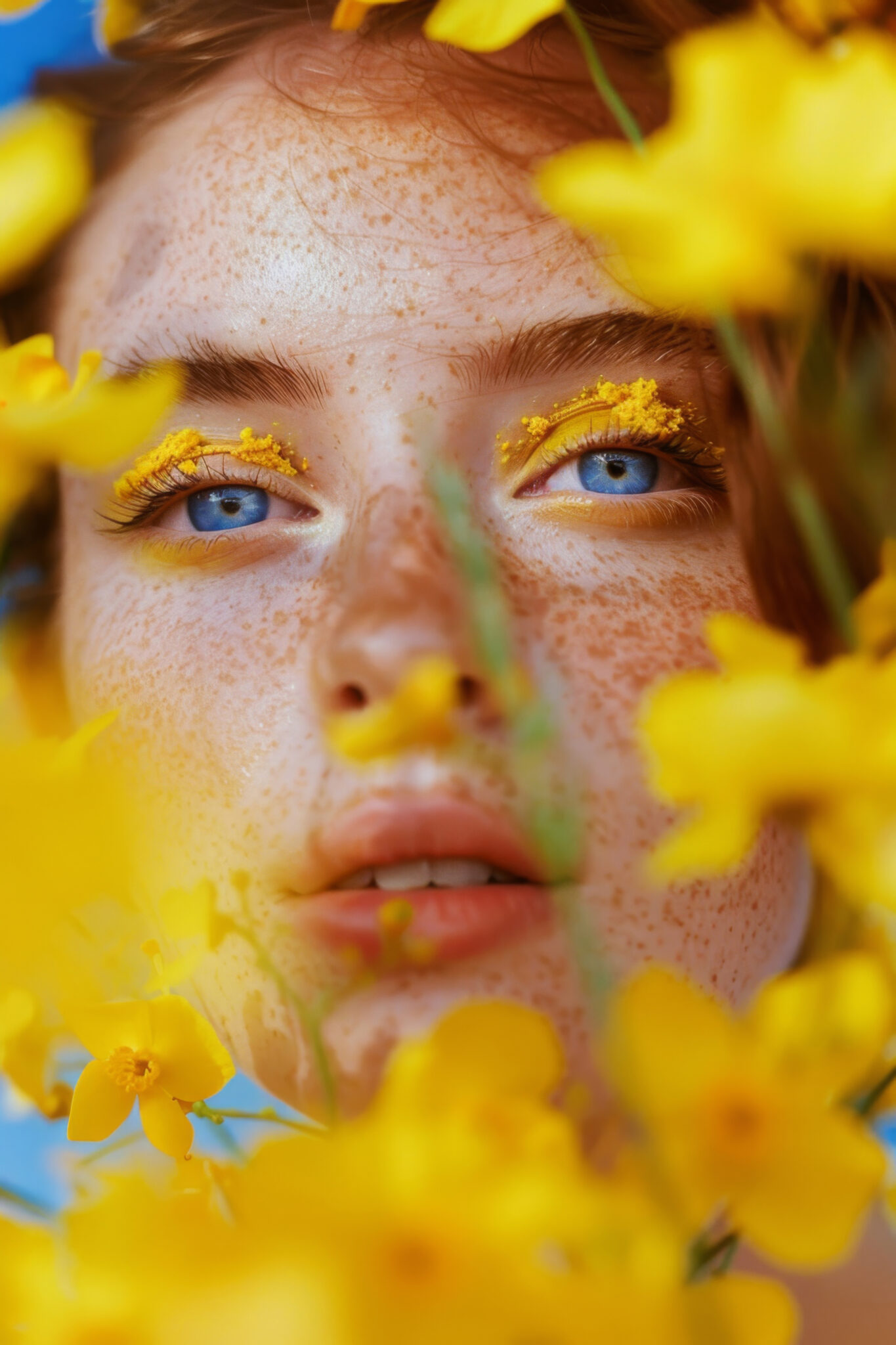 Fotografie Poster Augen gelb Blüten Blau Detail