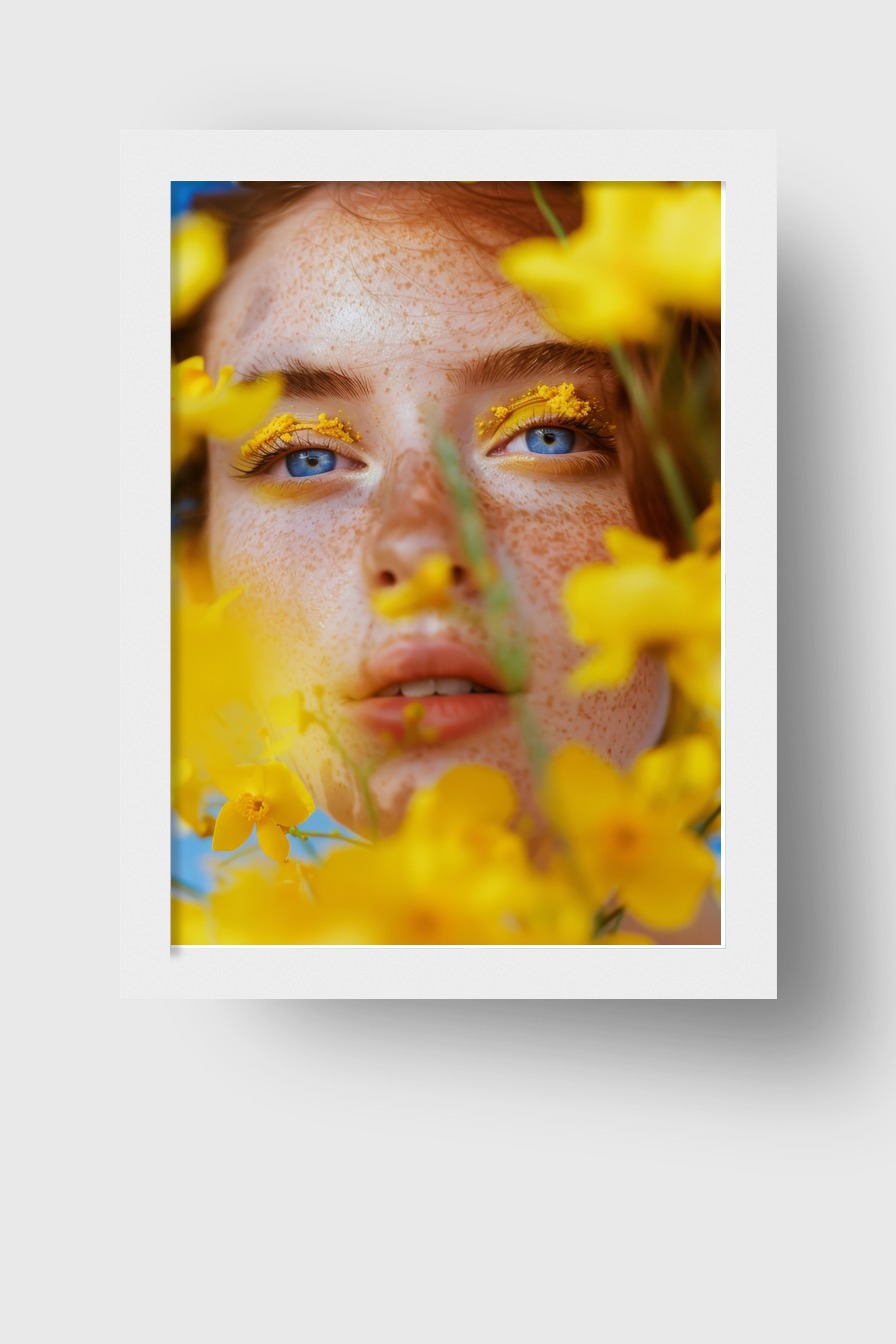 Fotografie Poster Augen gelb Blüten Blau Detail
