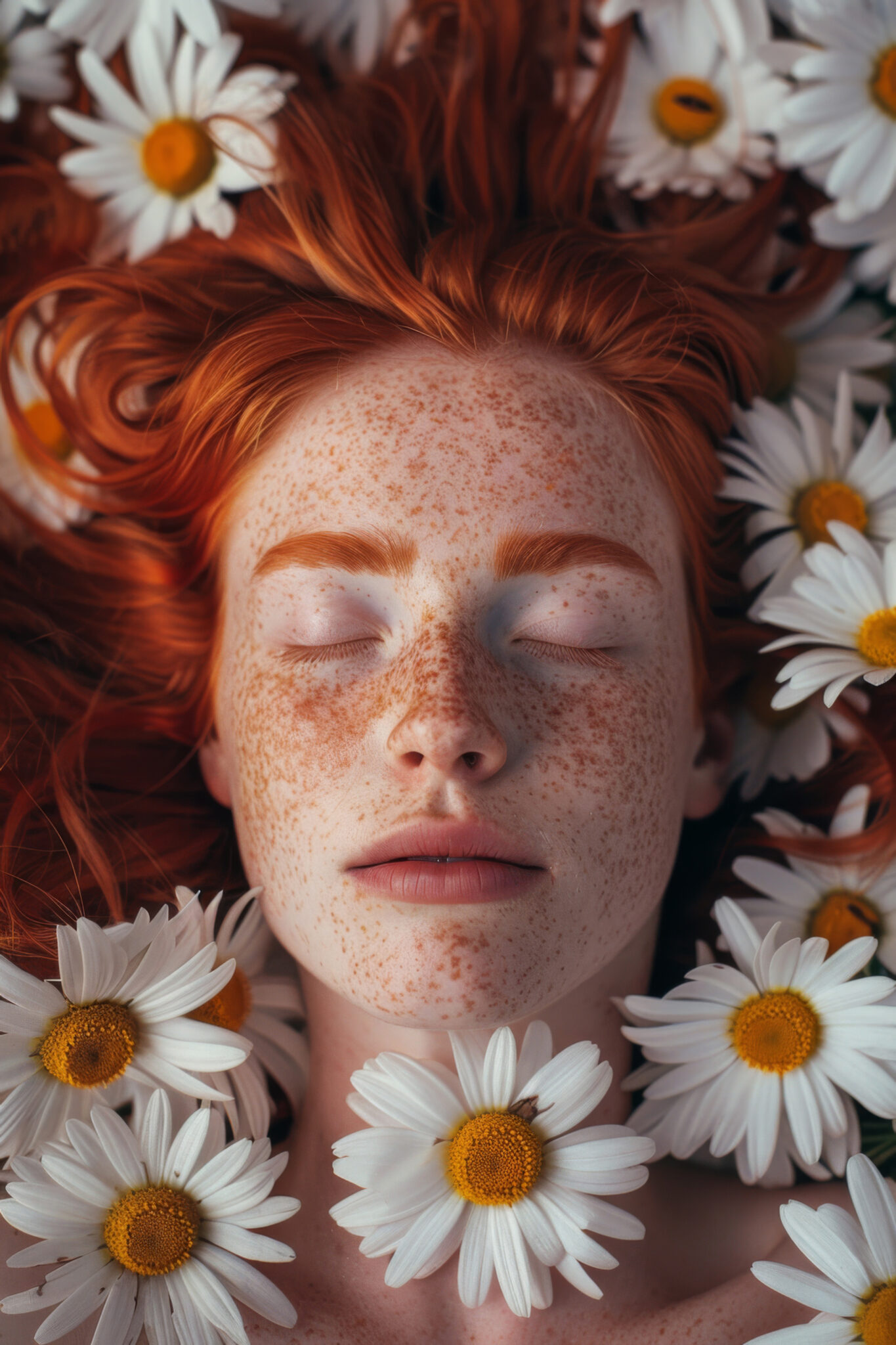 Fotografie Poster Gesicht Frau Sommersprossen rotes Haar Gänseblümchen