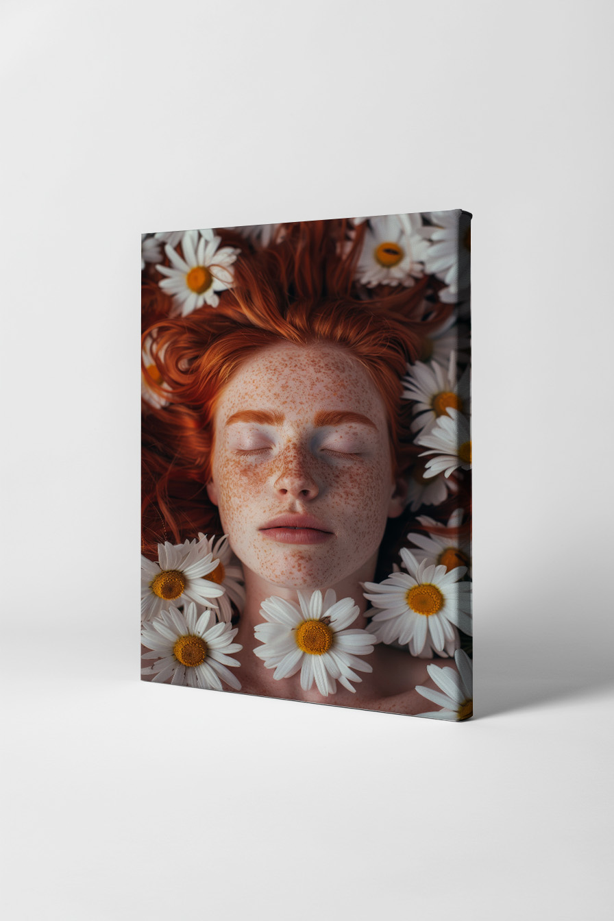 Fotografie Poster Gesicht Frau Sommersprossen rotes Haar Gänseblümchen