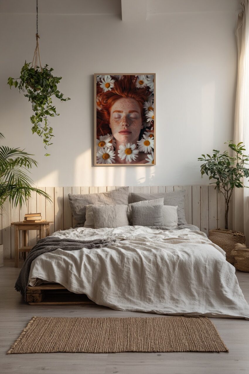 Fotografie Poster Gesicht Frau Sommersprossen rotes Haar Gänseblümchen