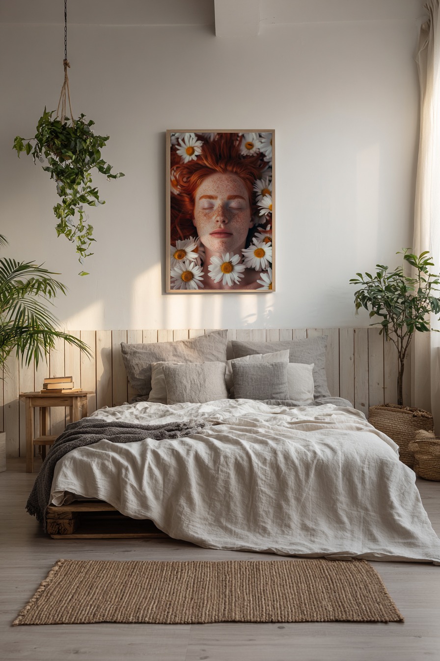Fotografie Poster Gesicht Frau Sommersprossen rotes Haar Gänseblümchen