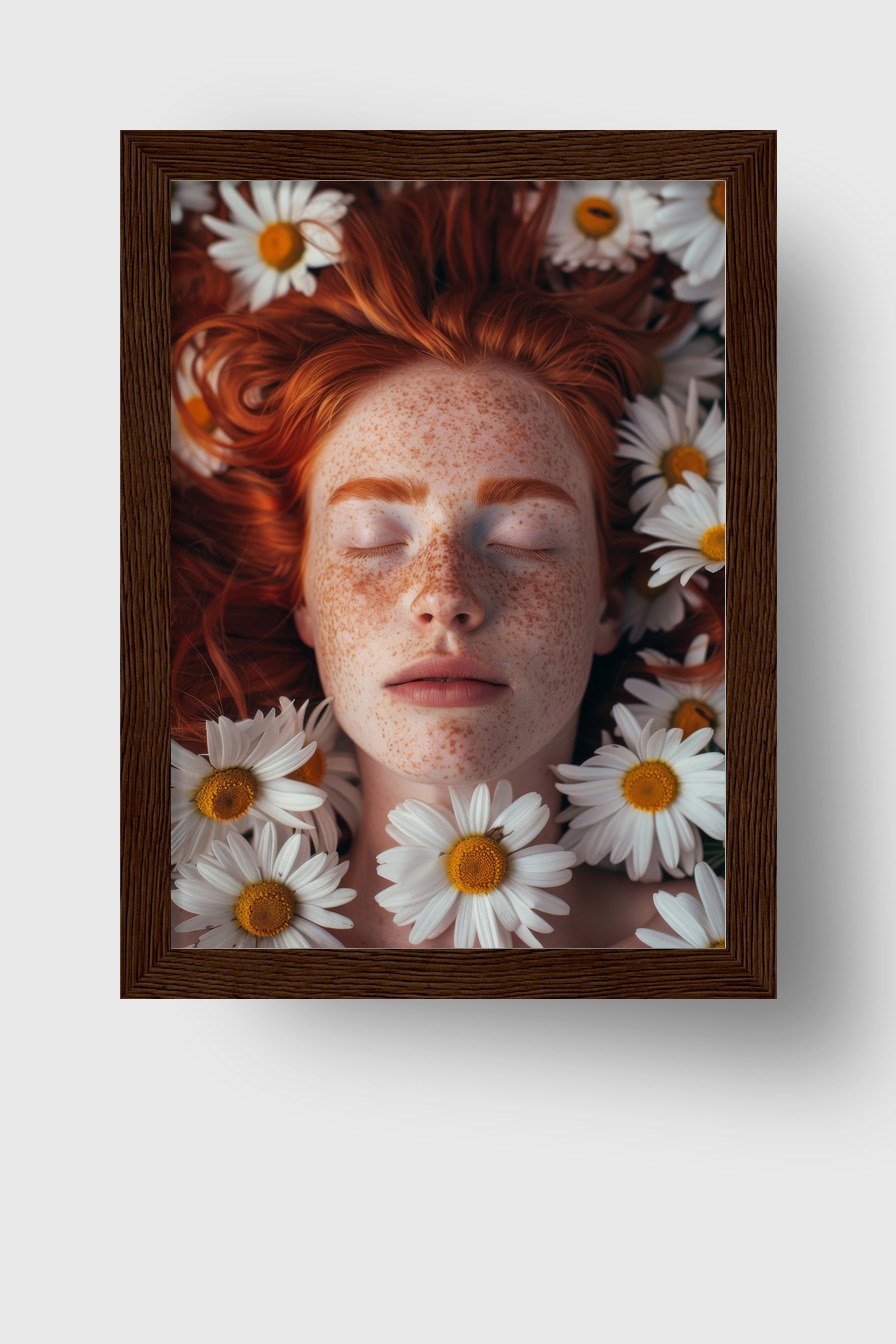 Fotografie Poster Gesicht Frau Sommersprossen rotes Haar Gänseblümchen