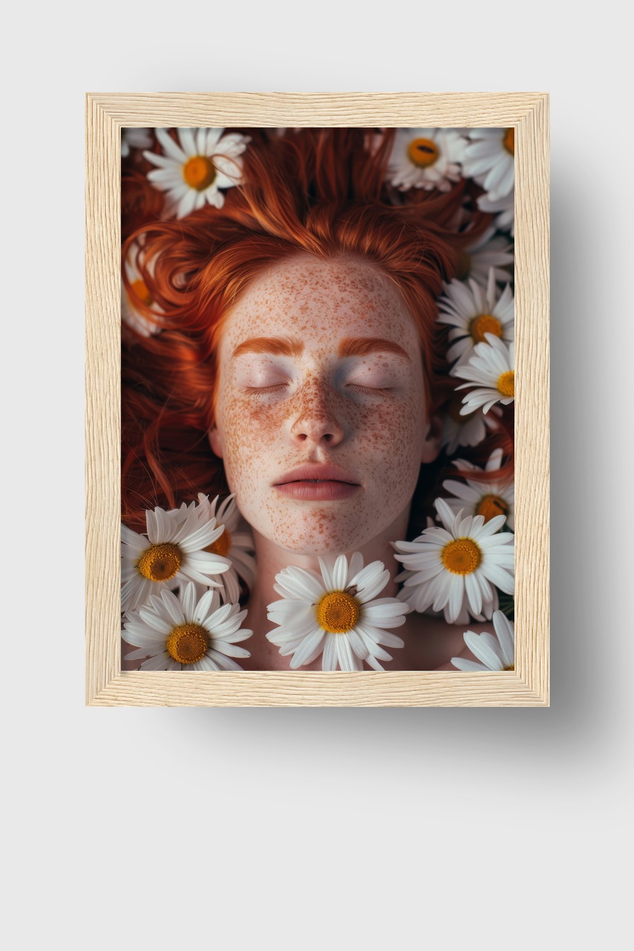 Fotografie Poster Gesicht Frau Sommersprossen rotes Haar Gänseblümchen