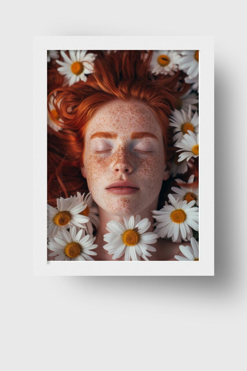 Fotografie Poster Gesicht Frau Sommersprossen rotes Haar Gänseblümchen