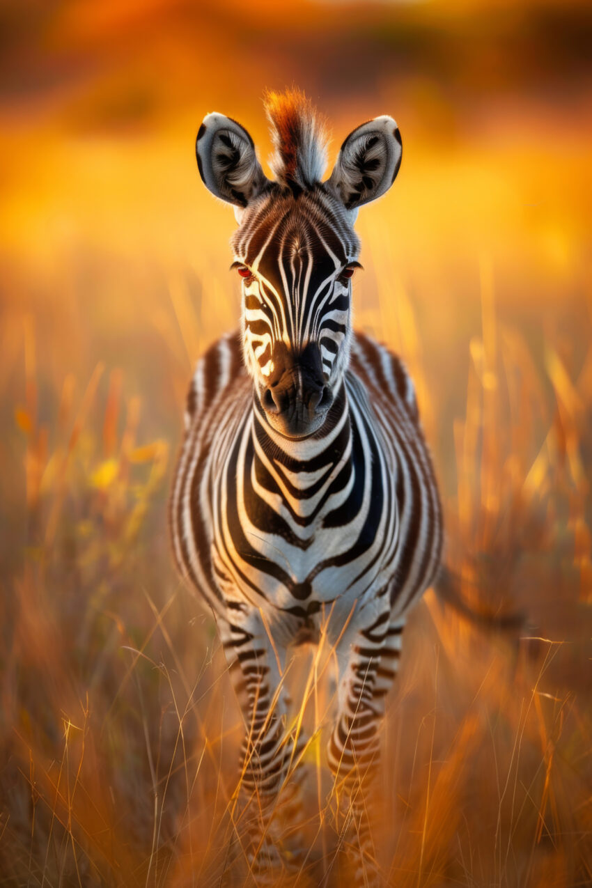 Fotografie Poster Zebra Junges frontal schwarz-weiß warm