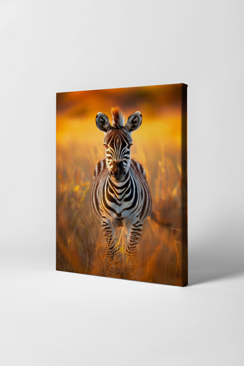 Fotografie Poster Zebra Junges frontal schwarz-weiß warm