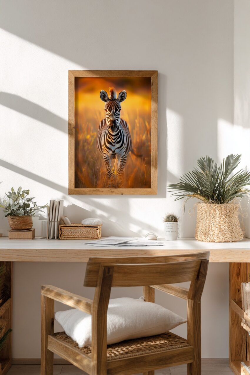 Fotografie Poster Zebra Junges frontal schwarz-weiß warm