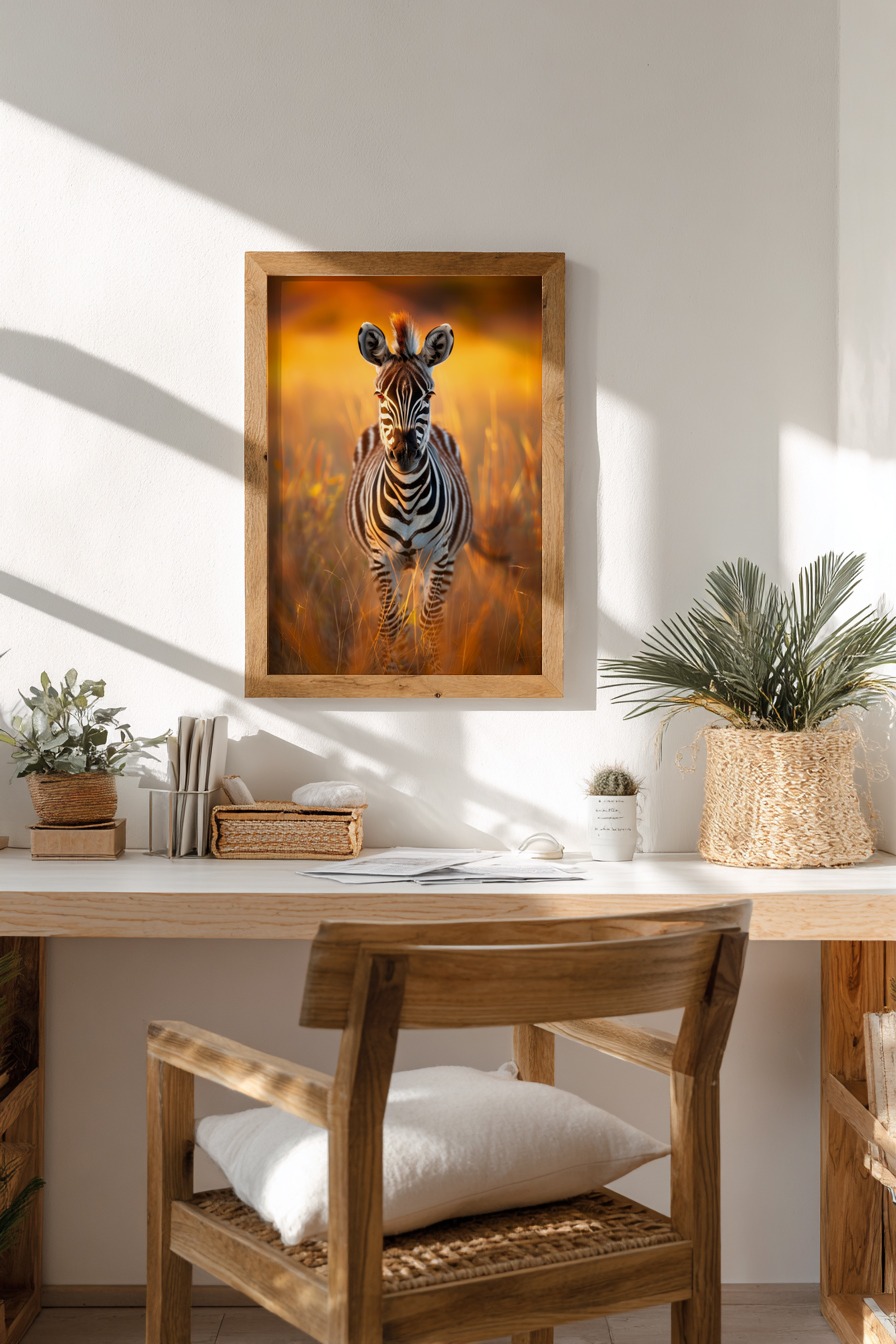 Fotografie Poster Zebra Junges frontal schwarz-weiß warm