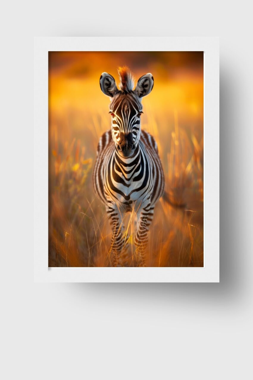 Fotografie Poster Zebra Junges frontal schwarz-weiß warm