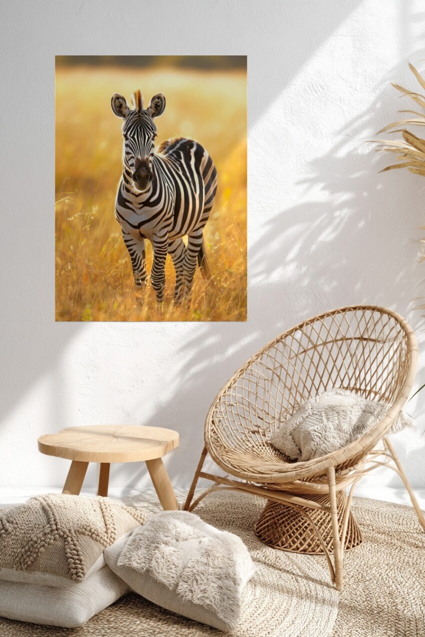 Fotografie Poster Zebra jung frontal Sonnenlicht gelb