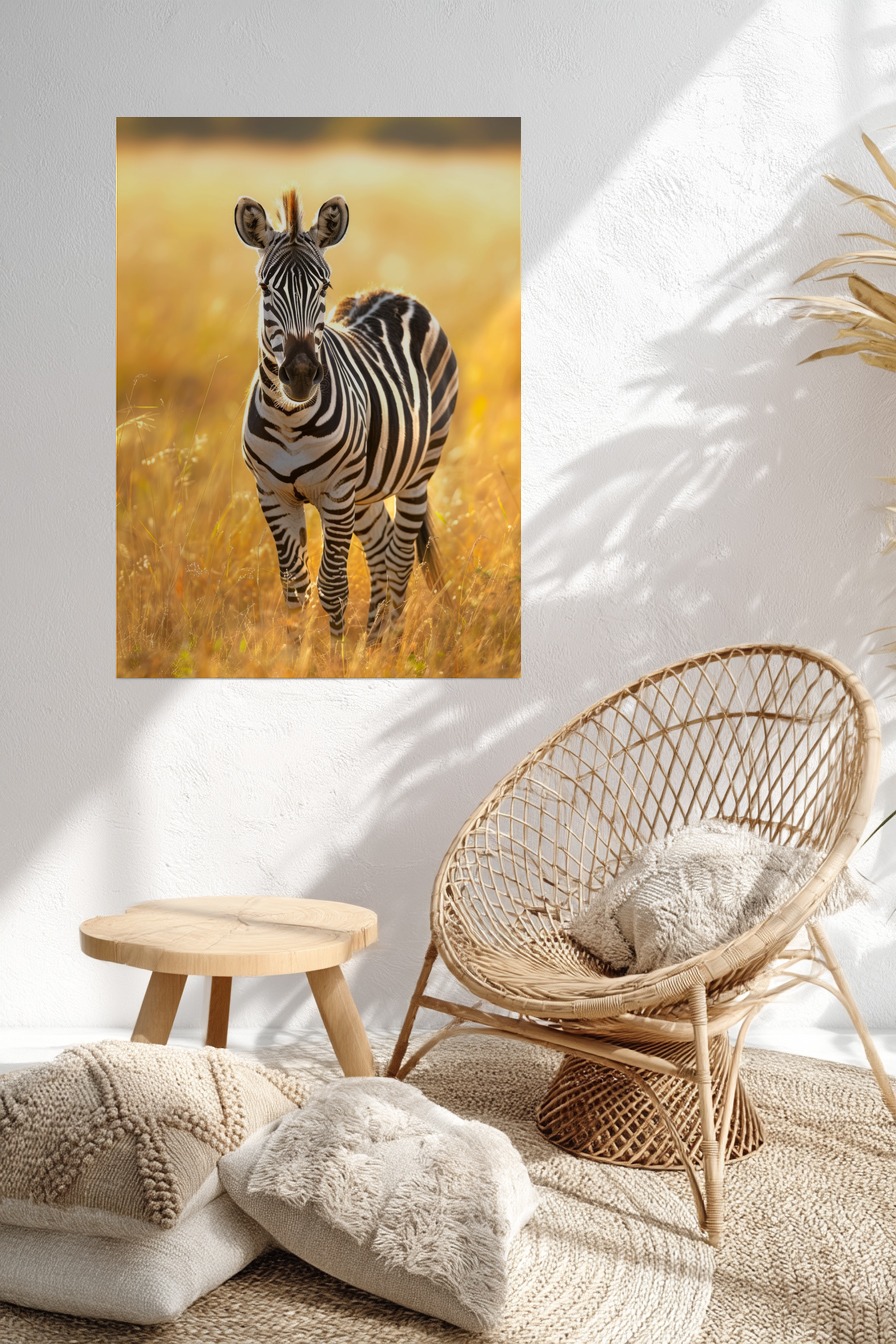 Fotografie Poster Zebra jung frontal Sonnenlicht gelb