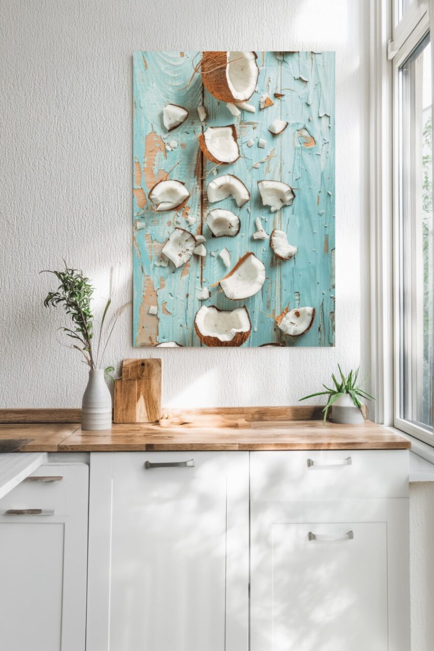 Fotografie Poster Kokosnuss weiß braun blau