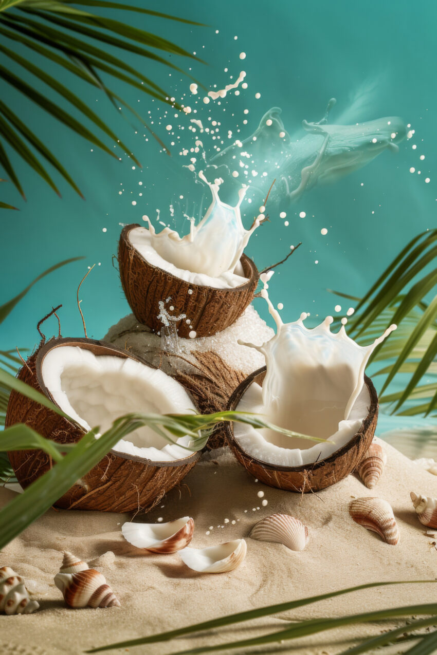 Fotografie Poster Kokosnuss dynamisch Milch Splash