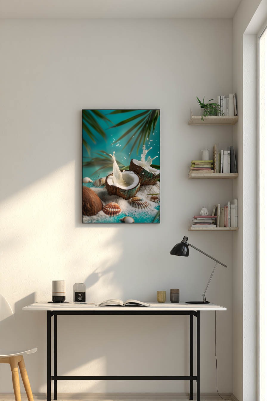 Fotografie Poster Kokosnuss tropisch strand splash weiß