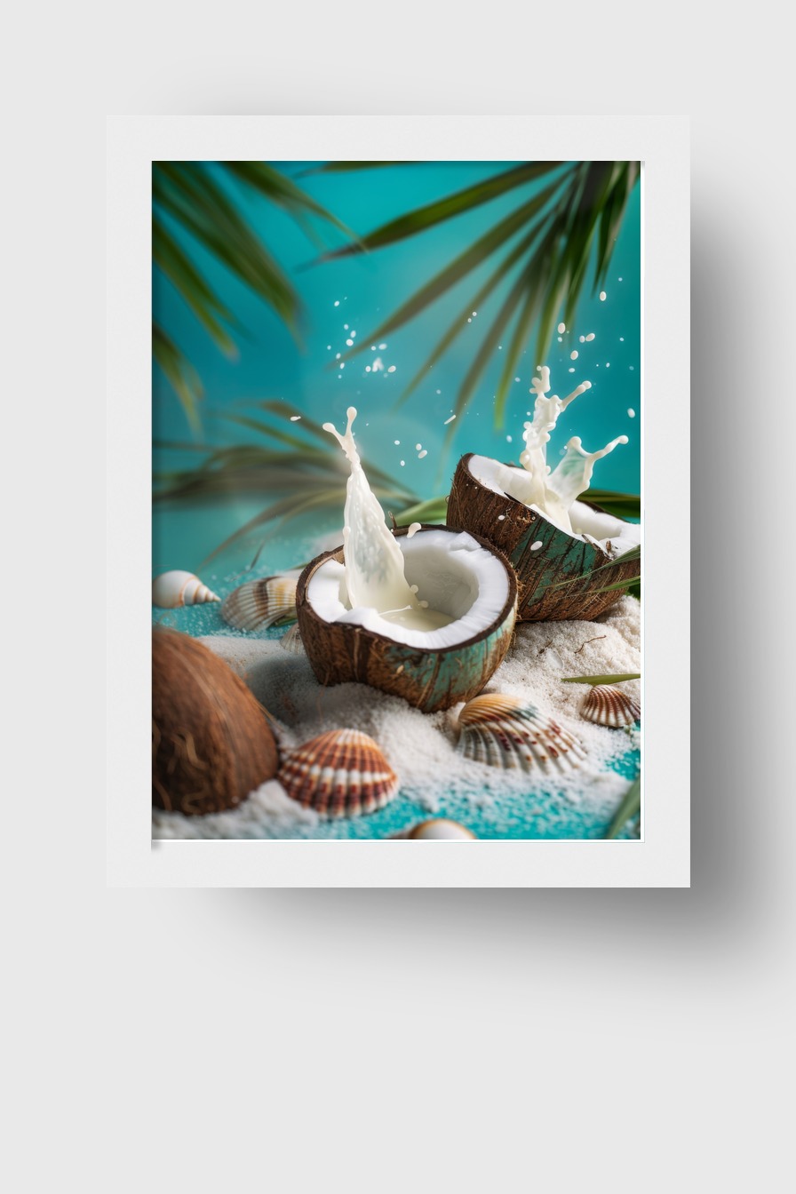 Fotografie Poster Kokosnuss tropisch strand splash weiß