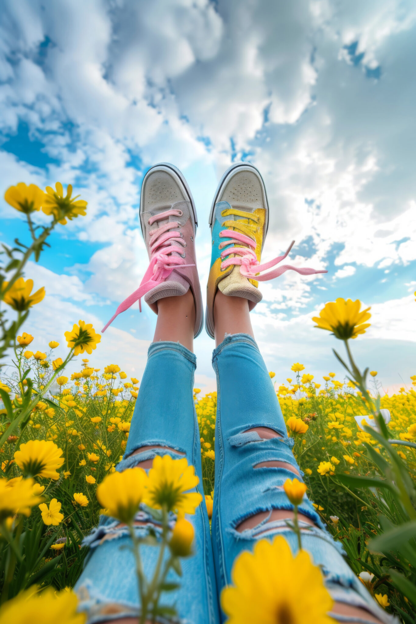 Fotografie Poster Schuhe bunte Schnürsenkel in gelber Blumenwiese