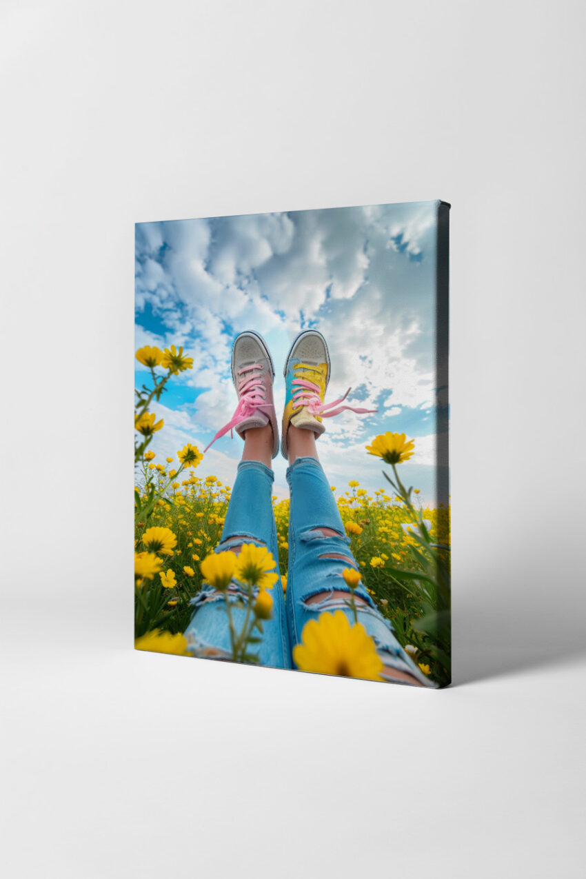 Fotografie Poster Schuhe bunte Schnürsenkel in gelber Blumenwiese