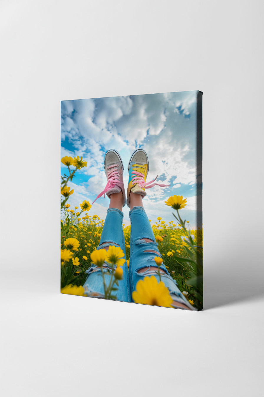 Fotografie Poster Schuhe bunte Schnürsenkel in gelber Blumenwiese