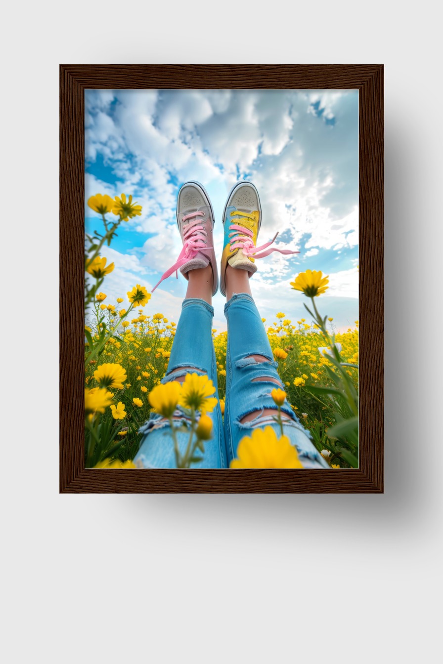 Fotografie Poster Schuhe bunte Schnürsenkel in gelber Blumenwiese