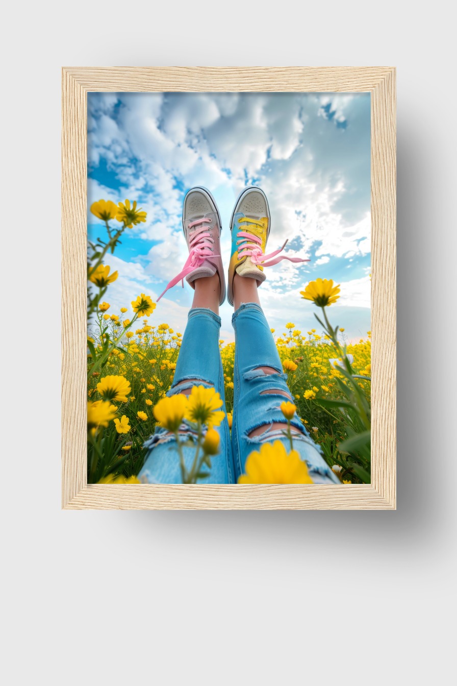 Fotografie Poster Schuhe bunte Schnürsenkel in gelber Blumenwiese