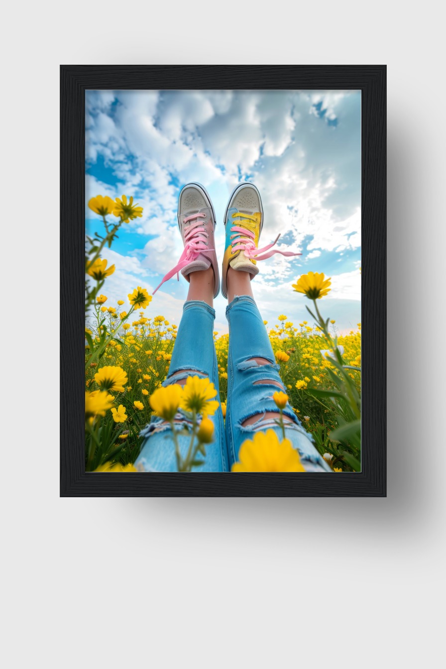 Fotografie Poster Schuhe bunte Schnürsenkel in gelber Blumenwiese