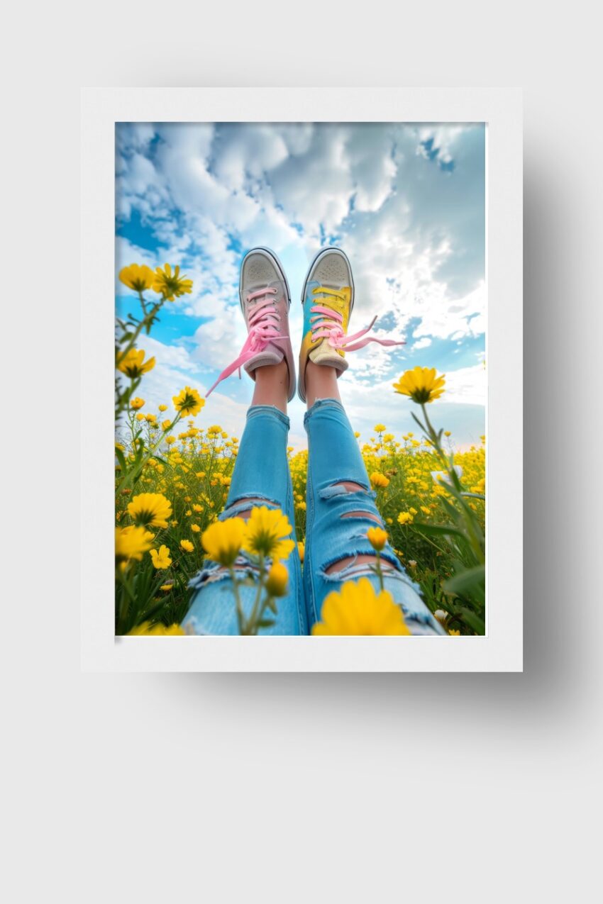 Fotografie Poster Schuhe bunte Schnürsenkel in gelber Blumenwiese