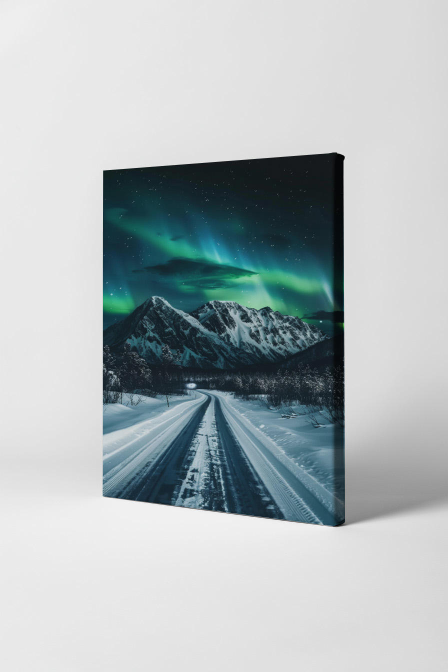 Fotografie Poster Nordlichter Berge Nacht grün blau