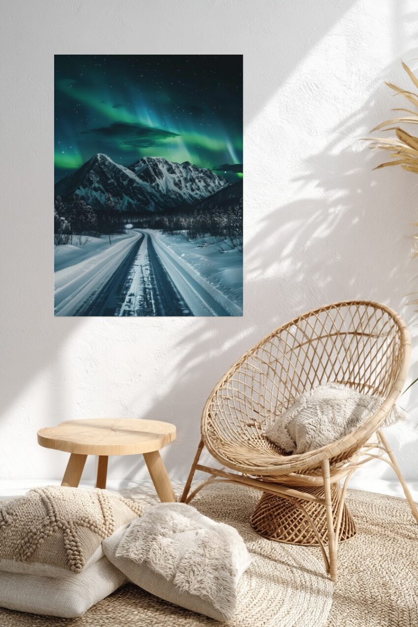 Fotografie Poster Nordlichter Berge Nacht grün blau