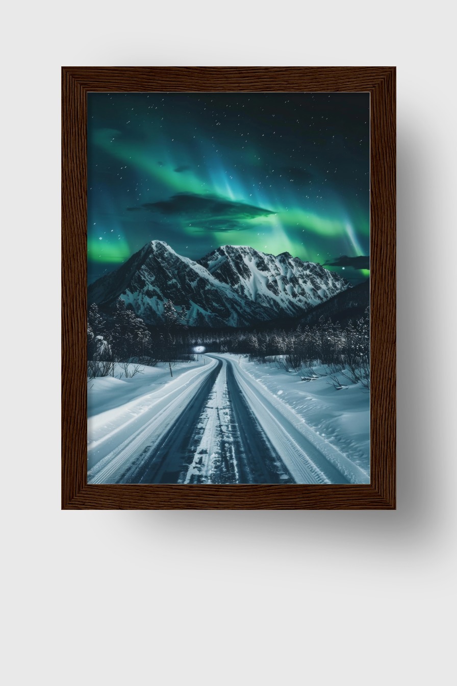Fotografie Poster Nordlichter Berge Nacht grün blau