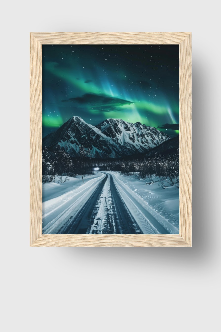 Fotografie Poster Nordlichter Berge Nacht grün blau