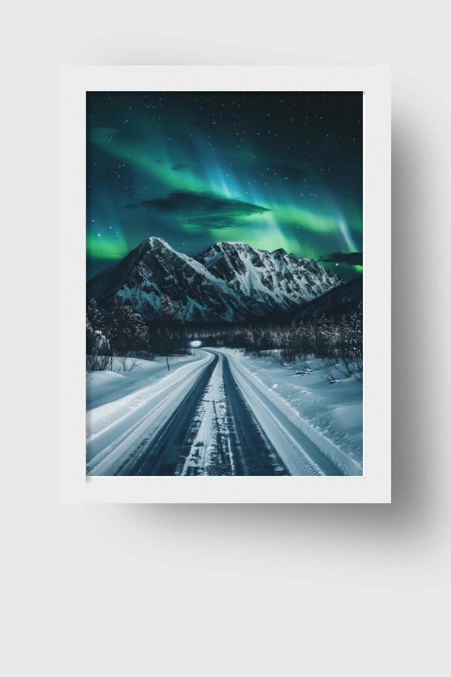 Fotografie Poster Nordlichter Berge Nacht grün blau