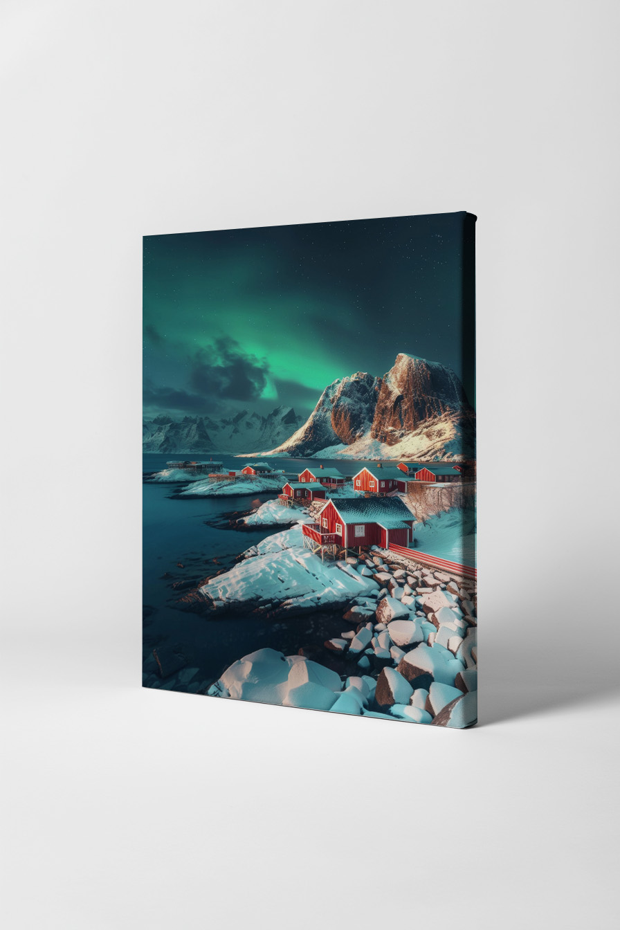 Fotografie Poster Nordlichter Küste verschneit rot ruhig
