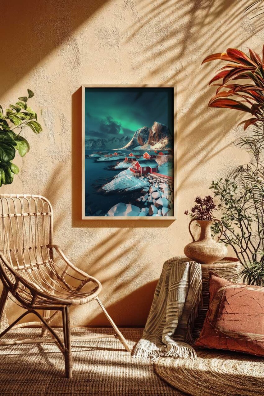 Fotografie Poster Nordlichter Küste verschneit rot ruhig