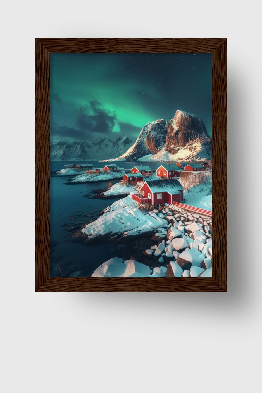 Fotografie Poster Nordlichter Küste verschneit rot ruhig