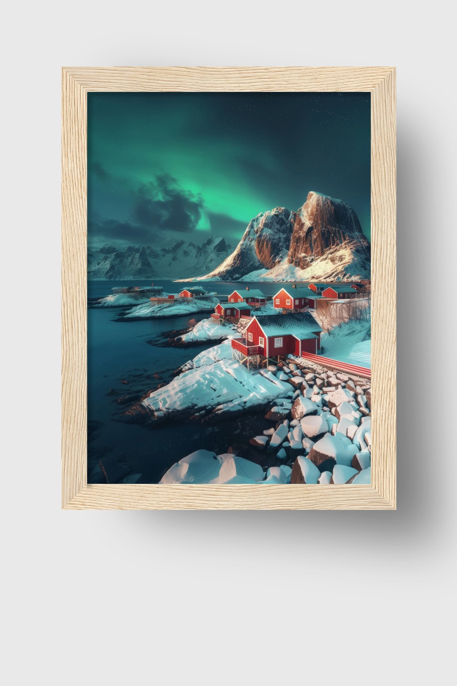 Fotografie Poster Nordlichter Küste verschneit rot ruhig