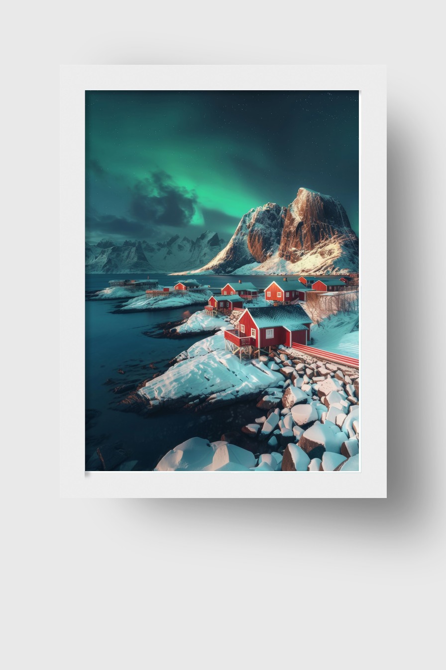 Fotografie Poster Nordlichter Küste verschneit rot ruhig
