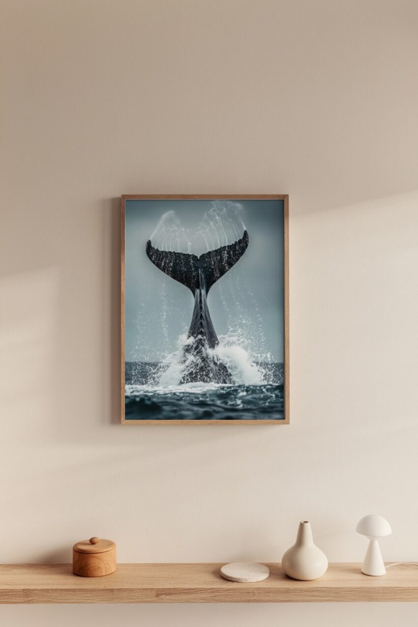 Fotografie Poster Walflosse nass spritzwasser blau grau