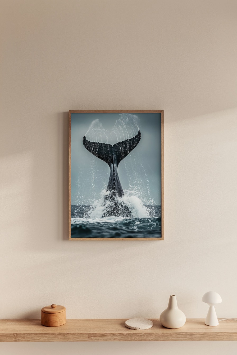 Fotografie Poster Walflosse nass spritzwasser blau grau